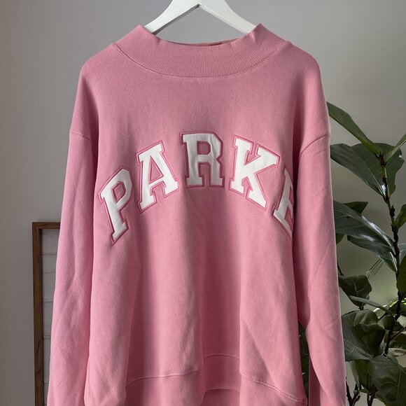 NEW Women's PARKE French Terry Varsity Mockneck Sweatshirt Pink Conch White L/XL - Picture 1 of 5